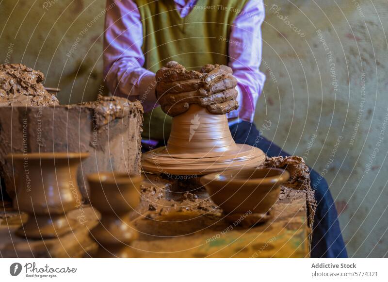 Kunsthandwerker beim Formen von Ton auf der Töpferscheibe in der Werkstatt Kunstgewerbler Töpferwaren Rad Handwerk Schimmelpilze Hände indo-marokkanisch