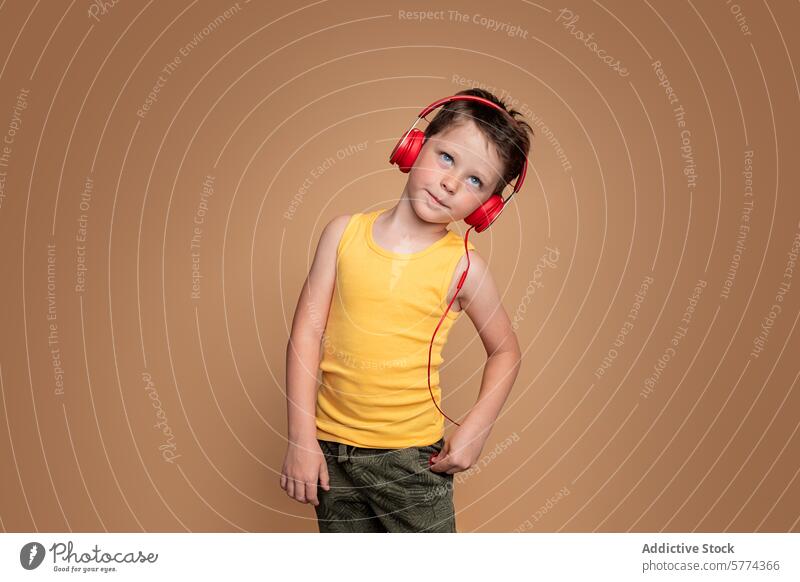 Junge in gelbem Tank-Top genießt Musik mit roten Kopfhörern Kind hören Tanktop niedlich Audio Entertainment posierend Genuss Freizeit jung brauner Hintergrund