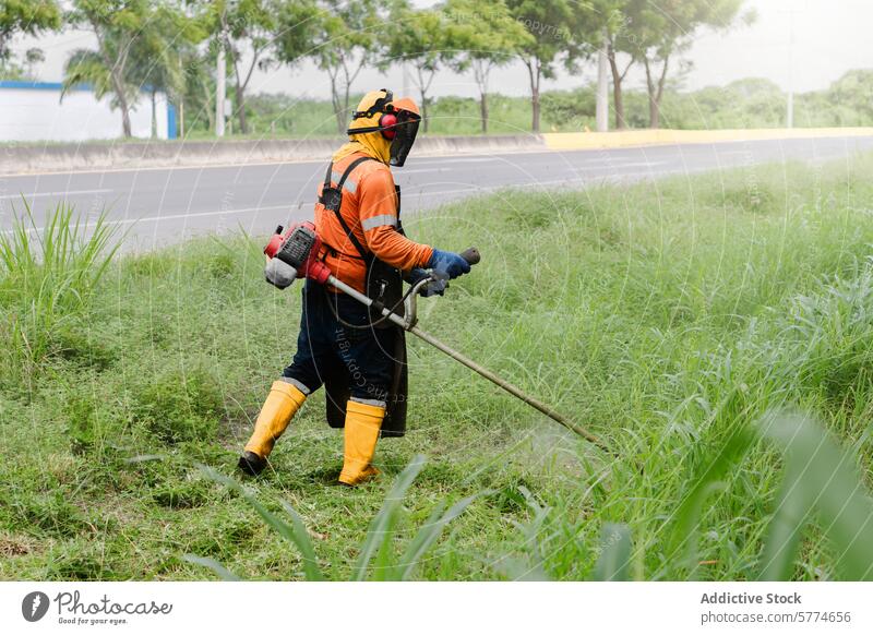 Landschaftsgärtner, der überwuchertes Gras maschinell beschneidet Trimmen Maschine Freischneider Schutzausrüstung Arbeiter Flugzeugwartung Straße Sicherheit