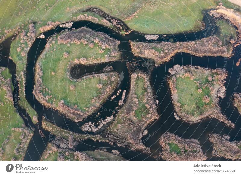 Luftaufnahme des sich schlängelnden Flusses Ciguera in Ciudad Real, Spanien mäandernder Fluss Ziguera-Fluss Landschaft Grün Natur Wasser pastoral Drohnenfoto