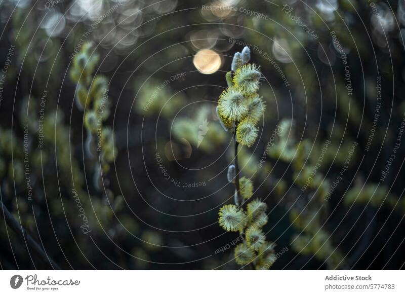 Blühende Weidenkätzchen mit leuchtendem Frühlingsbokeh Überstrahlung Bokeh Hintergrund Weichzeichner Pflanze Natur Blütenknospen unscharf warm glühen