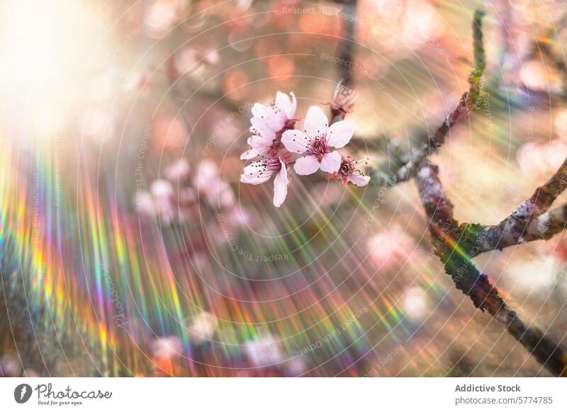 Verträumte Mandelblüte mit Regenbogenprismeneffekt Blüte Blume Blütezeit Frühling Bokeh Prisma Licht verträumt Gelassenheit Natur Flora Blütenblatt Ast Baum