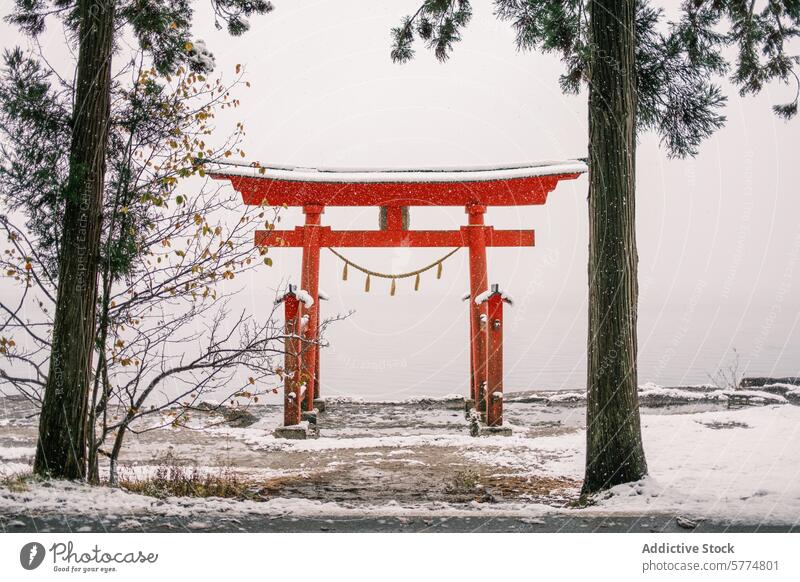 Verschneiter Tag an einem traditionellen japanischen Torii-Tor Japan reisen torii Gate Schnee Winter Kultur Erbe rot Kiefer Baum Gelassenheit Szene Japanisch