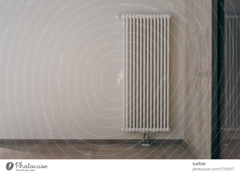 Heizkörper wohl balanciert in warmen Tönen Heizung Wand elegant weiß Wärme trocken modern hell minimalistisch Innenaufnahme Sauberkeit trist Genauigkeit Design