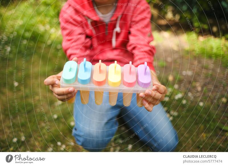 Ein Junge zeigt selbstgemachte Eislutscher Lebensmittel Ernährung Erfrischung Sommer