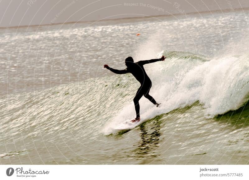 auf der Welle reiten wellenreiten Surfen Sport Wellen Meer Pazifik Wassersport Surfer Lifestyle sportlich Mann Tiefenschärfe Körperbeherrschung Wellengang