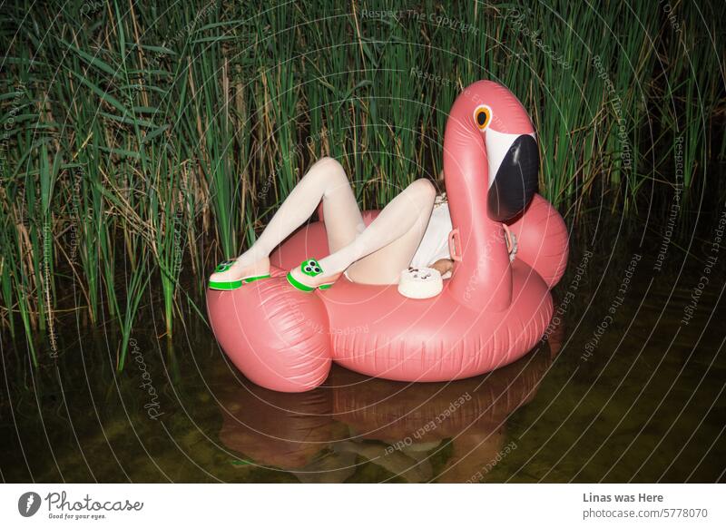 Ein Mädchen in einem weißen Outfit mit ziemlich langen Beinen entspannt sich auf diesem rosa Flamingo in der Nacht. Sie hat eine Torte neben sich, während sie in einem See schwimmt. Einige Wasserreflexionen, avantgardistische Schuhe und eine entspannte Atmosphäre.
