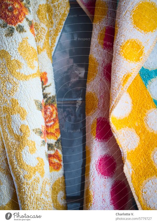 Am Haken I Detailaufnahme von zwei bunten Handtüchern an einer grau gefliesten Wand Frottee fliesen gemusterte Handtücher Frotteehandtücher Farbig Korkenzieher