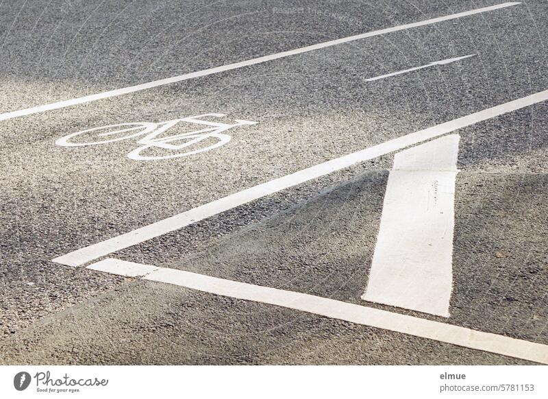 weiße Radwegmarkierung mit Piktogramm eines Rades und Pfeil auf grauem Asphalt Straße Fahr Rad! Radfahren Radspur Straßenverkehr Fahrbahnmarkierung Fahrradweg