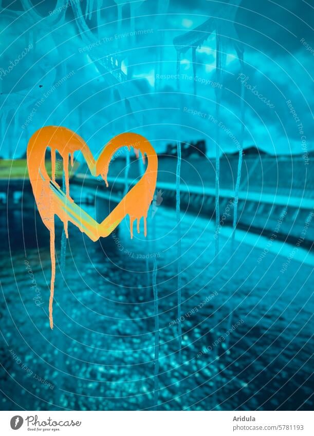 Verlaufenes Herz auf blauem Glas Graffiti Liebe Gefühle Stadt orange Romantik Zeichen Farbe verlaufen Symbole & Metaphern Liebesbekundung Liebeserklärung
