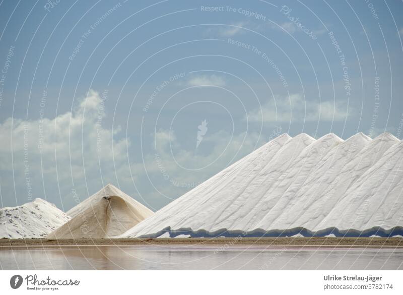 Saline in der Karibik | weiße Salzberge vor blauem Himmel Meersalz Salzgewinnung Trocknung aufgetürmt Ernährung Lebensmittel Kochsalz trocknen blauer Himmel