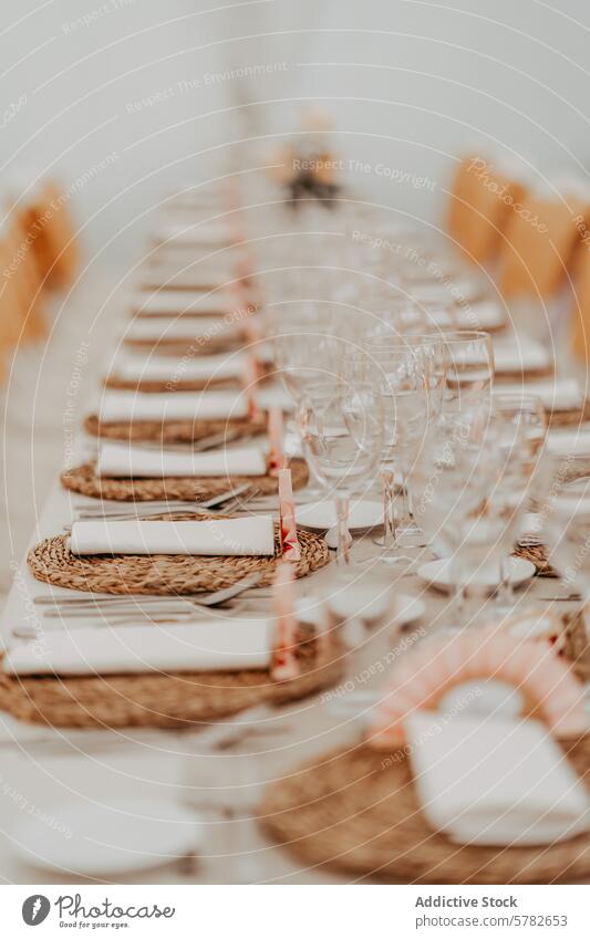 Elegante Hochzeitstischdekoration mit rustikalem Thema Tisch Einstellung elegant Selektiver Fokus Platzset Glaswaren geblümt Ordnung Dekoration & Verzierung