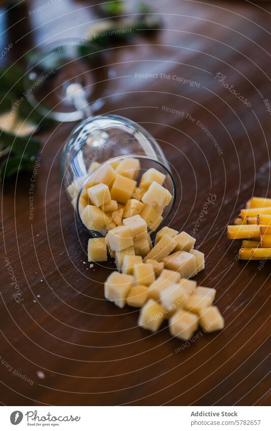 Weinglas mit Käsewürfeln auf Holz verschüttet Würfel hölzern Tisch verschütten bestückt Snack Amuse-Gueule Molkerei Lebensmittel Feinschmecker natürlich einfach