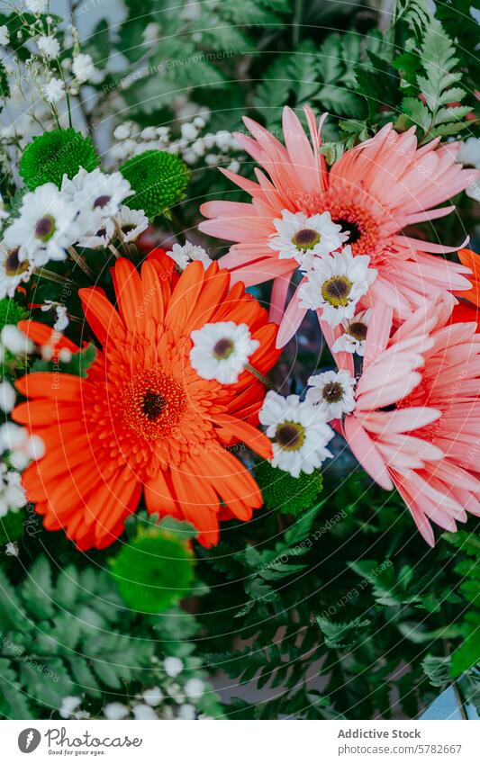 Lebendiger Brautstrauß mit orangen und rosa Blumen hochzeitlich Blumenstrauß Hochzeit Gerbera Gänseblümchen Laubwerk grün pulsierend Nahaufnahme geblümt Ordnung