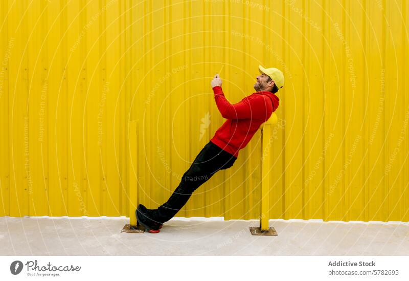 Mann in Rot lehnt sich zurück und schreibt auf eine gelbe Wand rot Lehnen schreibend pulsierend Mast Verschlussdeckel Sweatshirt nachahmen Farbe Kontrast
