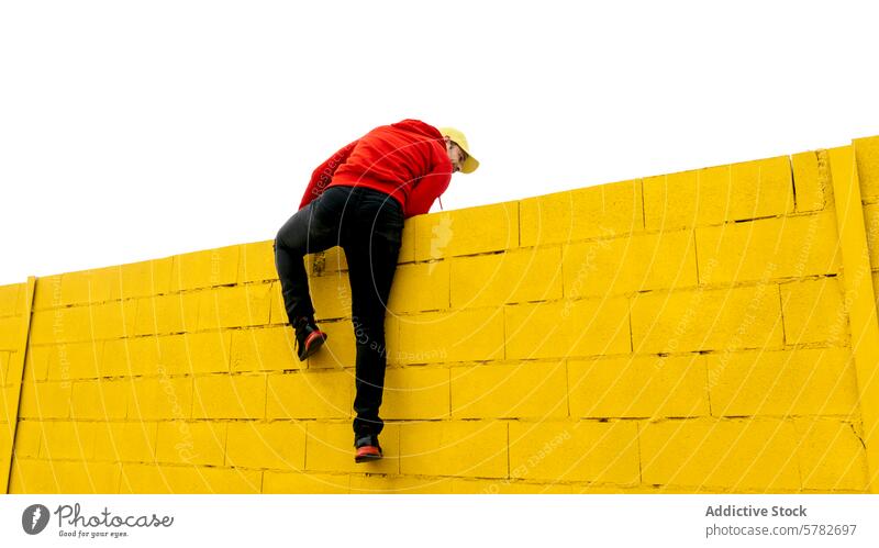 Klettern an einer leuchtend gelben Wand unter einem klaren Himmel Person rot Aufstieg hell übersichtlich im Freien Aktivität Herausforderung anstrengen