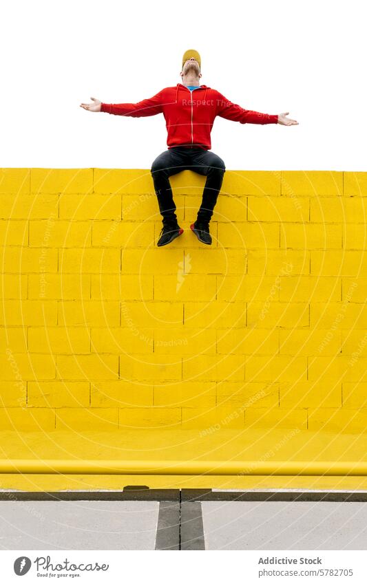Mann sitzt mit offenen Armen an der Wand vor weißem Himmel rot Kapuzenpulli Verschlussdeckel Sitzen gelb Waffen Hintergrund lässig Bekleidung urban Stil