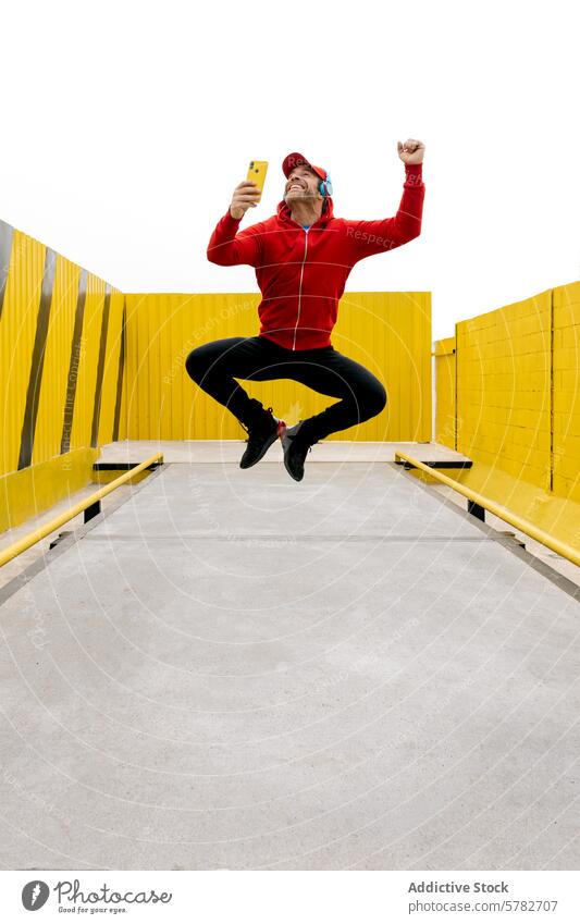 Fröhlicher Mann macht ein Selfie beim Springen im städtischen Raum springend Freude Überschwänglich rot Kopfhörer Baseballmütze in der Luft urban pulsierend