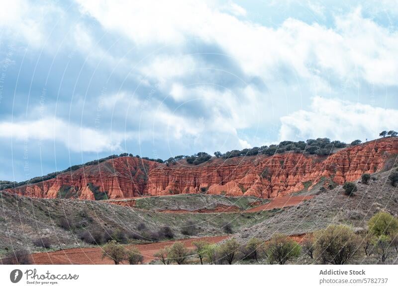 Rote Felsformationen und üppiges Grün unter bewölktem Himmel Landschaft Natur Felsen Formation rot grün üppig (Wuchs) Cloud geologisch Erosion sedimentär Klippe