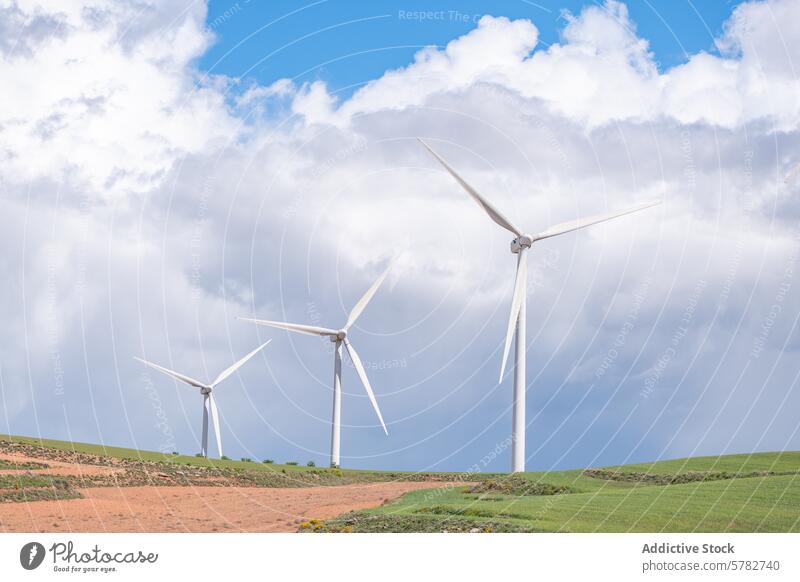 Windkraftanlagen in einer ruhigen Landschaft unter bewölktem Himmel Erneuerbare Energie ländlich Cloud Umweltschonung grüner Strom Ökologie nachhaltig