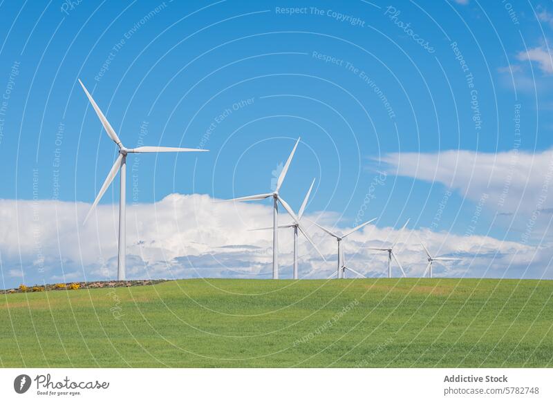 Windturbinen auf einem grünen Hügel vor blauem Himmel Windkraftanlage Ökostrom regenerativ nachhaltig Umwelt umweltfreundlich Elektrizität Technik & Technologie