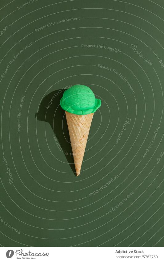 Eine leuchtend grüne Eiskugel sitzt auf einer klassischen Waffeltüte vor einem grünen Hintergrund und wirft einen verspielten Schatten Minze Speiseeis Zapfen