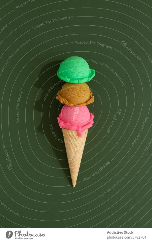 Dreischichtige Eistüte mit bunten Kugeln in grünem Hintergrund Speiseeis Zapfen dreifach Baggerlöffel rosa braun Sommer Leckerbissen Dessert farbenfroh gefroren