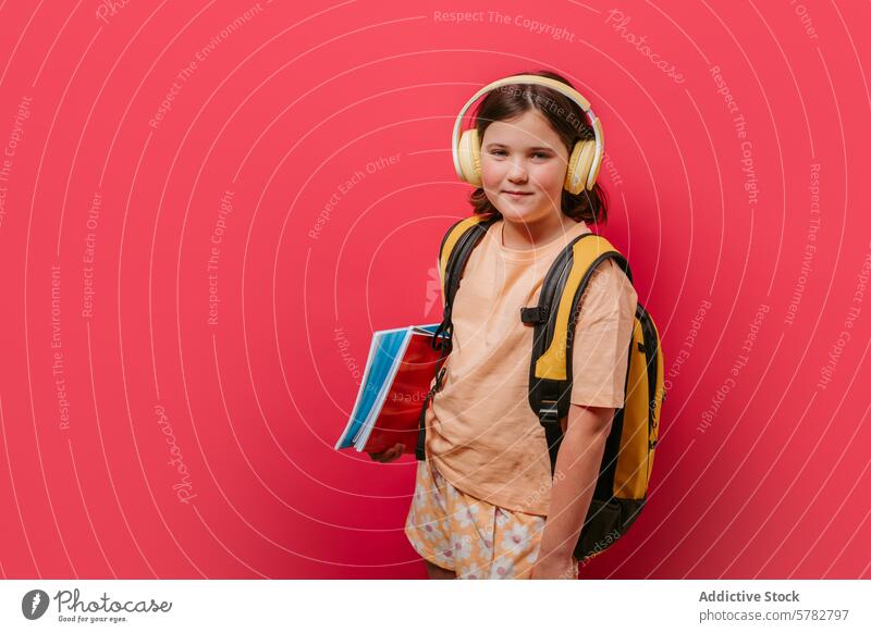 Junge Studentin mit Kopfhörer und Rucksack vor rosa Hintergrund Mädchen Schüler Bücher Schule Bildung heiter jung Jugend lernen vorbereiten pulsierend Farbe