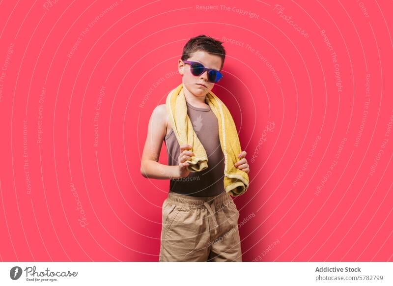 Selbstbewusster Junge mit Sonnenbrille und Handtuch auf rosa Hintergrund selbstbewusst jung stylisch Pose pulsierend blau Kind Mode Sommer Freizeit lässig cool