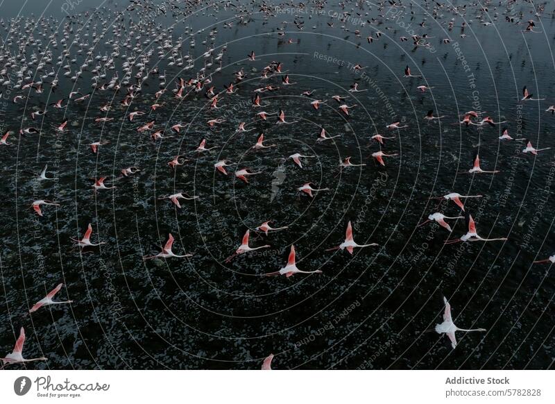 Flamingoschwarm im anmutigen Flug über Wasser Schwarm Tierwelt Vogel Natur Flügel rosa fliegen Bewegung zierlich See Migration wild Muster Menschengruppe