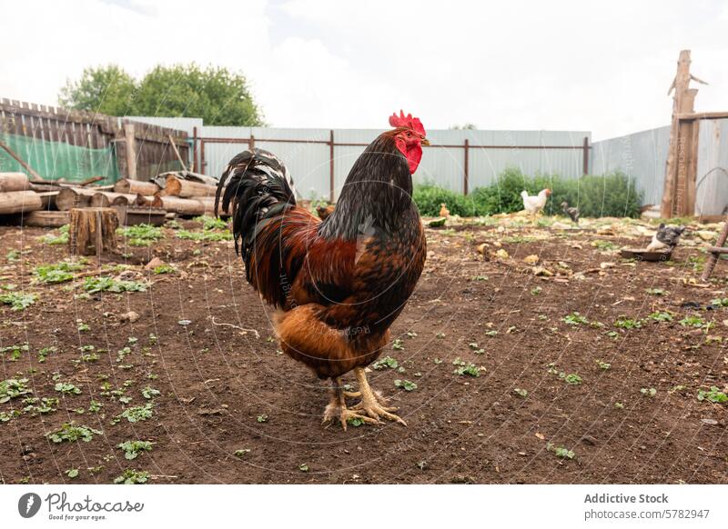 Majestätischer Hahn mit frei herumlaufenden Hennen auf einem Bauernhof Pute Hähnchen Landschaft ländlich Nahrungssuche Federvieh Vogel Tier heimisch Ackerbau