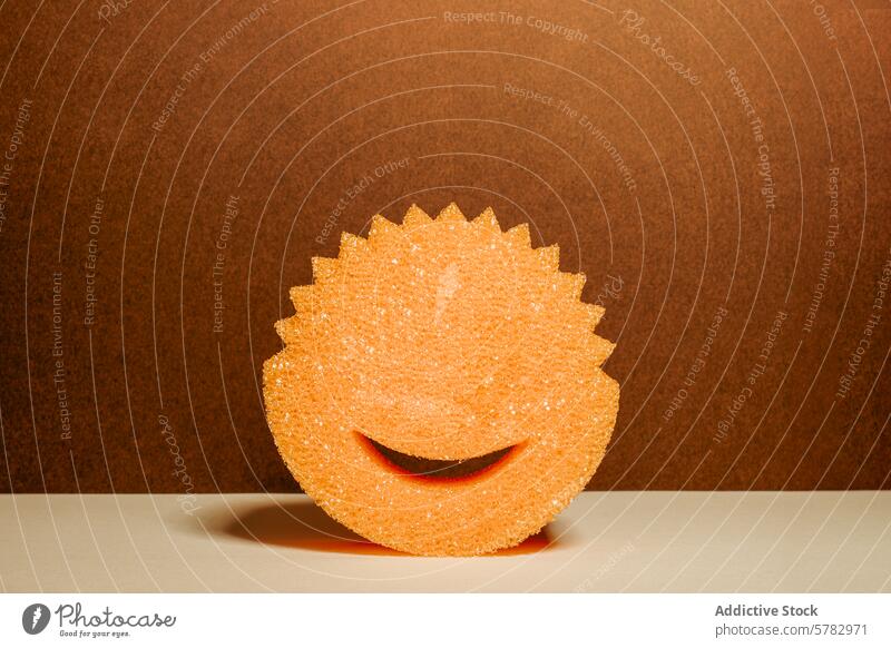 Lächelnder Biskuitausschnitt auf zweifarbigem Hintergrund Schwamm orange braun Ausschnitt heiter Reinlichkeit Fröhlichkeit Metapher Reinigen Hygiene Textur