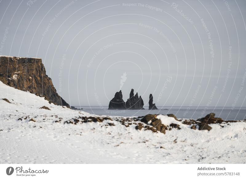 Gelassene isländische Meereslandschaft mit schneebedeckten Klippen und Felsformationen Island Landschaft MEER Schnee Gesteinsformationen Ruhe Himmel