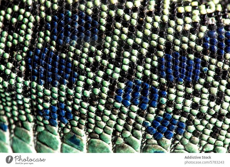 Nahaufnahme der Hauttextur einer Eidechse Lizard Skala Textur Makro Detailaufnahme ocellated Reptil Muster blau grün pulsierend Farbe natürlich Tierwelt