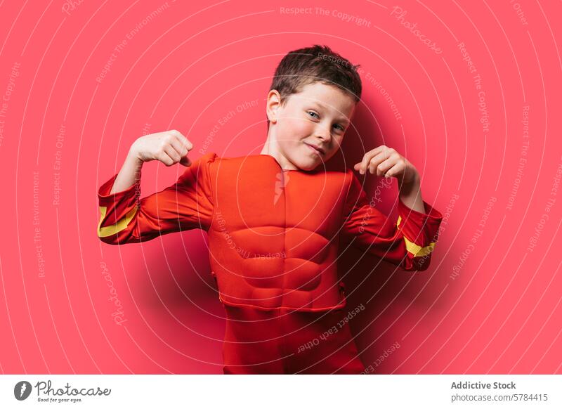 Junge posiert als Superheld in rotem Kostüm Tracht posierend Muskel Biegung selbstbewusst Lächeln pulsierend Hintergrund Kontrast Kind Stärke kampfstark Spaß