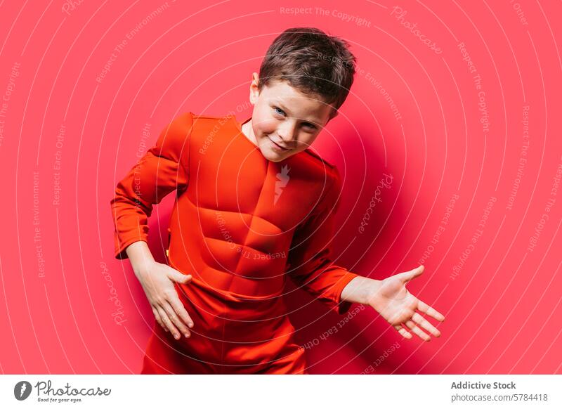 Junge in rotem Kostüm mit verspieltem Charme Lächeln Tracht spielerisch rosa Hintergrund charmant Jugend Kind Fröhlichkeit pulsierend heiter posierend Spaß