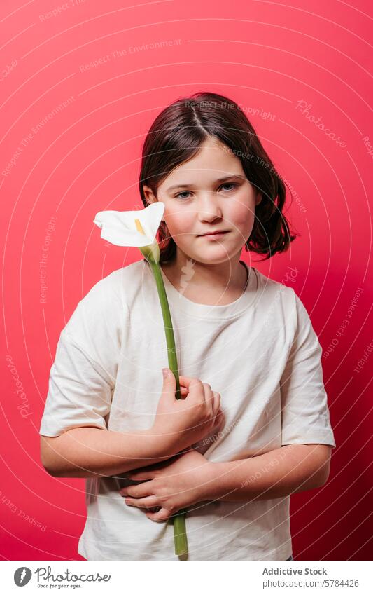 Junges Mädchen mit Calla-Lilie auf rotem Hintergrund Kind Blume roter Hintergrund Porträt Jugend Unschuld einfach Gelassenheit weiß T-Shirt Natur Einzelblüte