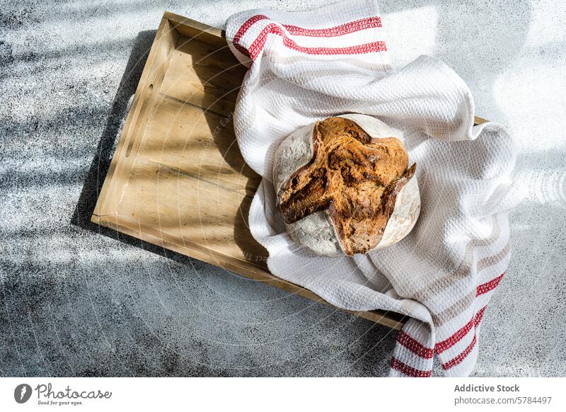 Frisches Sauerteig-Roggenbrot auf einem rustikalen Holztablett Brot Handwerklich hölzern Tablett Handtuch texturiert Hintergrund frisch Bäckerei selbstgemacht