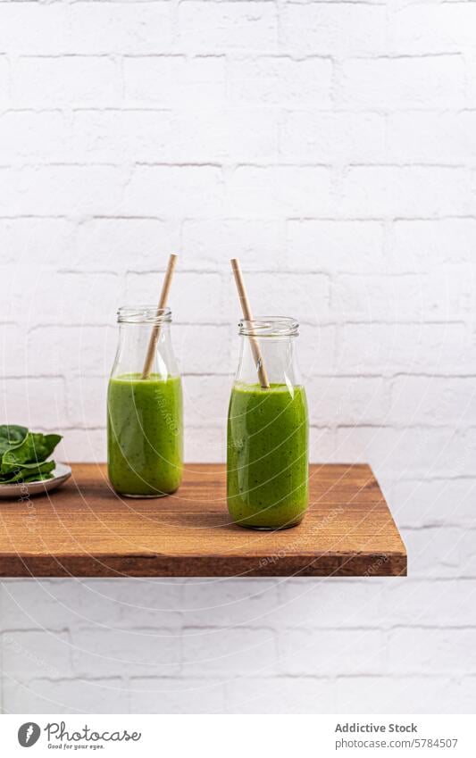 Gesunde grüne Smoothies in Glasflaschen mit Strohhalm grüner Smoothie Papierstrohhalm Holzbord weißer Ziegelstein Wand nahrhaft Gesundheit trinken Getränk