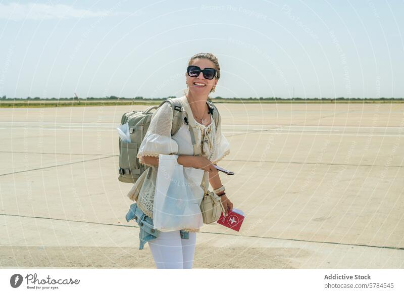 Glücklicher Reisender bei der Ankunft am Flughafen in Marokko Frau Rucksack Sonnenbrille Lächeln Reisepass Abenteuer erkunden reisen Tourismus Tourist
