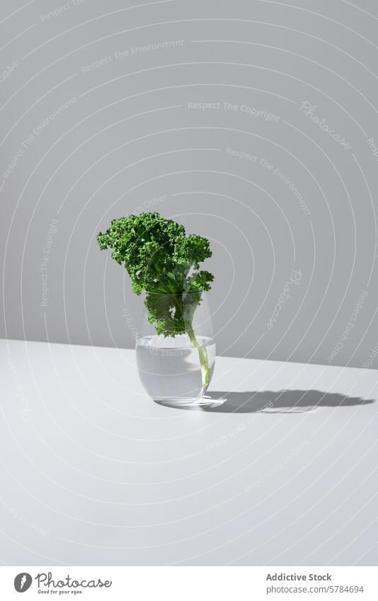 Frisches Grünkohlblatt in einem Glas Wasser auf weißem Hintergrund Kale grün Blatt frisch durchsichtig pulsierend Gesundheit Ernährung Gemüse Lebensmittel