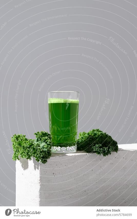Frischer Grünkohlsaft im Glas auf minimalistischem Hintergrund Kale Saft grün frisch Gesundheit Getränk trinken Blatt weiß Oberfläche lebhaft durchsichtig