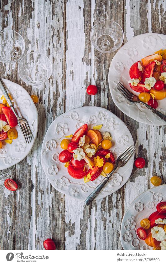 Frischer Tomatensalat auf rustikalem Holztisch Salatbeilage Kirsche Sommer Teller hölzern Tisch Wein Glas elegant bereit dienen farbenfroh Farbe weiß dine