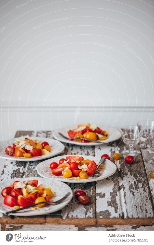 Frischer Tomatensalat auf rustikalem Holztisch Salatbeilage Kirschtomate Sommer Teller hölzern Tisch frisch Mahlzeit erfrischend pulsierend Lebensmittel Küche