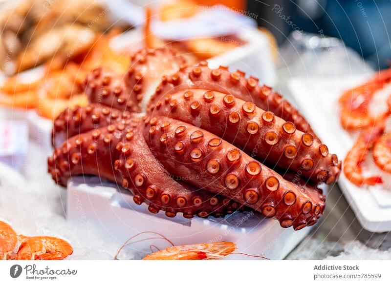 Frischer Tintenfisch auf einem Meeresfrüchtemarkt Octopus Markt Anzeige rot Tentakel Eis frisch Granele Sale pulsierend Nahaufnahme Textur Lebensmittel