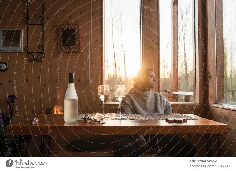 Kontemplative Frau genießt den Sonnenuntergang am Hüttenfenster beschaulich Kabine Fenster Gelassenheit hölzern Tisch gemütlich Wein Glas anstarrend ruhig