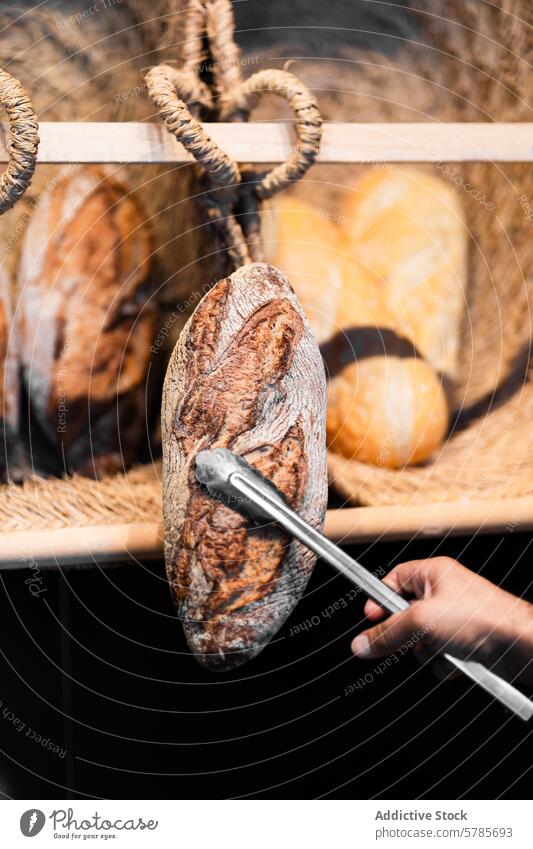 Auswahl an handwerklich hergestelltem Sauerteigbrot im Regal Kunstgewerbler Brot rustikal Brotlaib Bäckerei handgefertigt hölzern Zange Anzeige Weizen Kruste