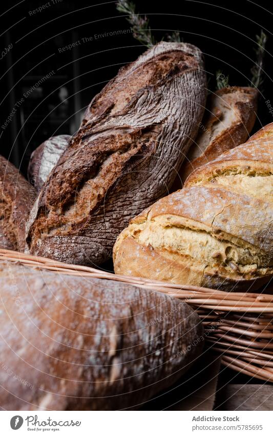 Frisch gebackene verschiedene Sauerteigbrote im Korb Brot selbstgemacht handgefertigt Handwerklich Bäckerei knusprig frisch rustikal Weide nahrhaft ganz