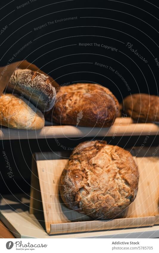 Handwerkliche Sauerteigbrot-Sorten auf Holzregalen Brot Kunstgewerbler gebacken knusprig Textur hölzern Regal selbstgemacht Bäckerei sauer Teigwaren Brotlaib