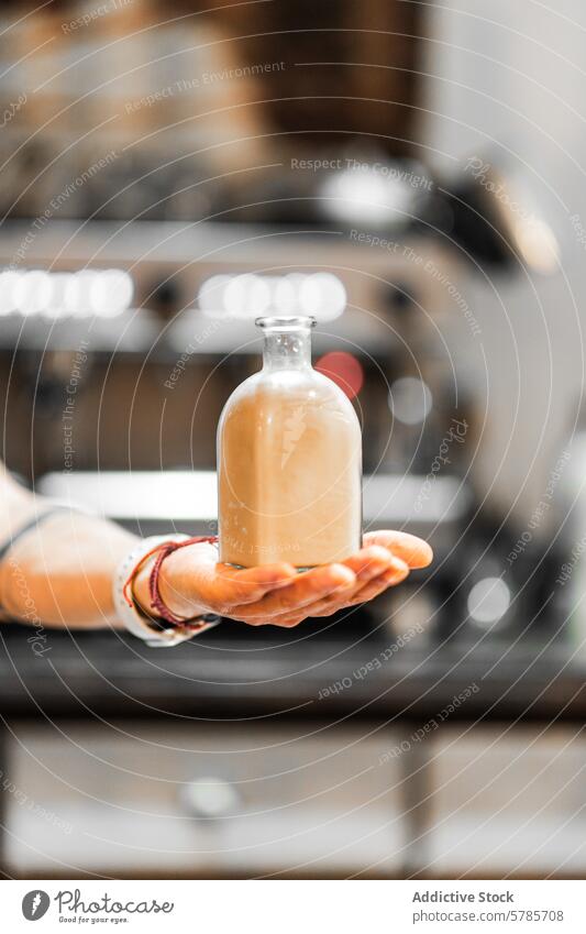 Handgefertigter hausgemachter Likör in einer klaren Flasche selbstgemacht Handwerk Destillation übersichtlich liquide Küche Hintergrund Kunst Weichzeichner